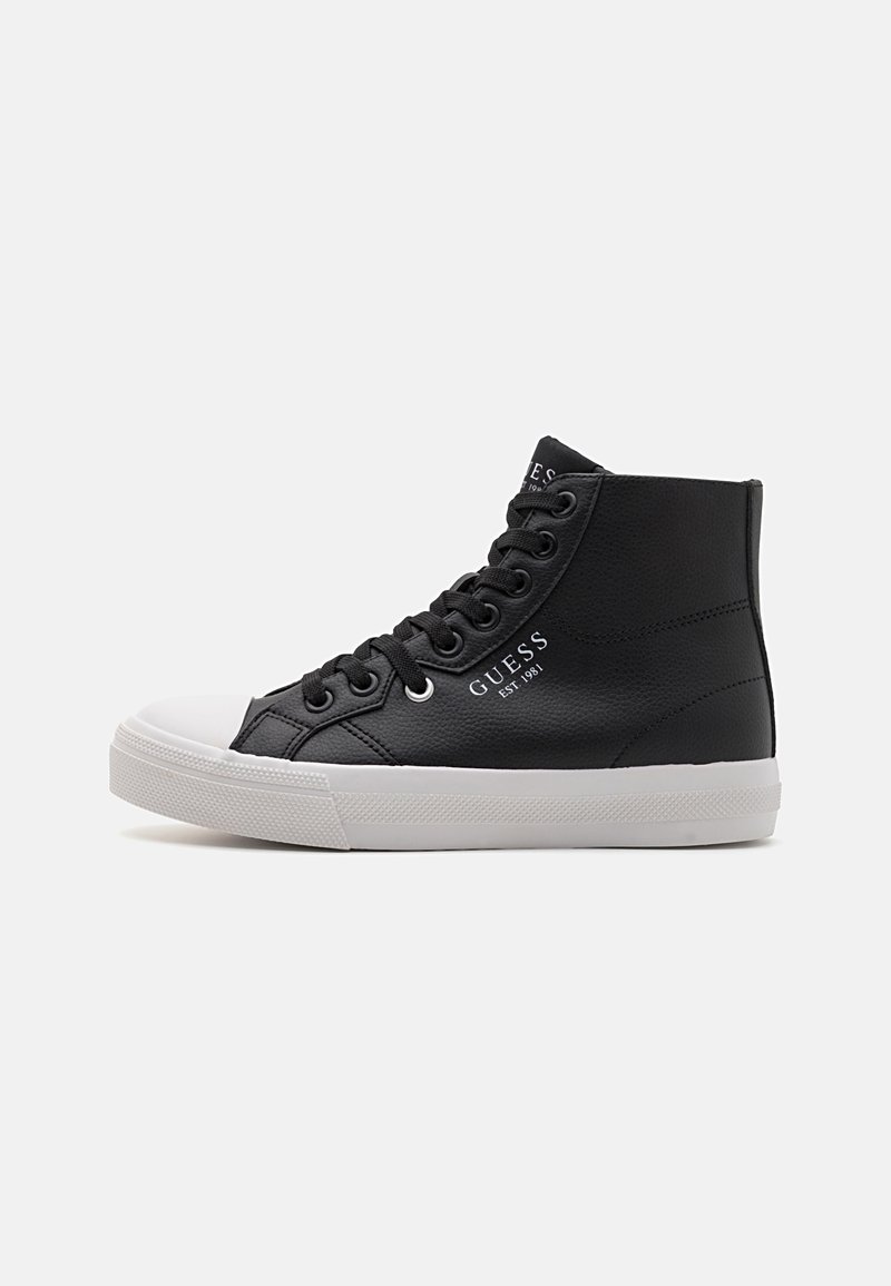 Black high-top sneakers with a textured leather upper and white rubber sole. Features black laces and "GUESS" branding on the side.