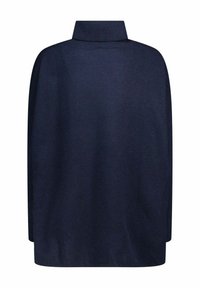 Pull-over bleu marine avec col haut et coupe ample. Fabriqué en textile doux, il présente une texture lisse et un design minimaliste.