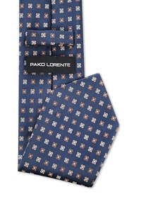 Granatowy krawat z materiału ozdobiony wzorem florystycznym w bieli i brązie, z metką "PAKO LORENTE." Teksturowana powierzchnia, szpiczasty koniec.