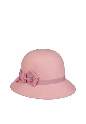 Pink felt cloche hat with a wide brim and matching fabric bow detail secured by a small round metal button on the side.