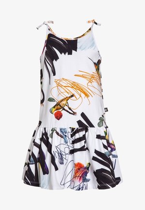 Robe sans manches blanche avec un ourlet évasé, ornée d'imprimés d'oiseaux colorés, de motifs à coups de pinceau noirs et de fines bretelles.