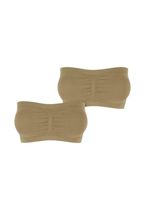 Twee bandeau-beha's in een lichtbruine kleur. Gemaakt van zachte stof met geplooide details aan de voorkant en een naadloos ontwerp.