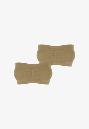 Two bandeau bras in a light brown color. Made of soft fabric with gathered detailing at the front and a seamless design.