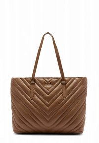 Sac cabas matelassé marron en cuir avec un motif chevron, doté de deux longues anses et d'un logo discret au centre.