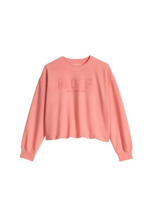 Sweat-shirt court à manches longues rose corail avec poignets côtelés, lettres en relief M O P et texte Marc O’Polo 1967 sur le devant.