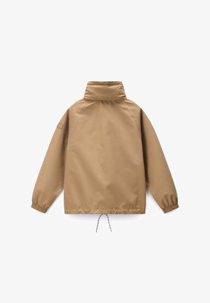 Beige lightweight jacket with high collar, elastic cuffs, long sleeves, and drawstring hem, shown from the back on a white background.