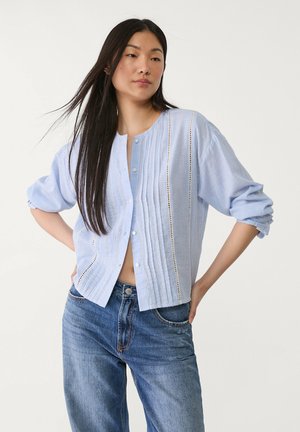 Blue pinstriped button-up shirt with short, rolled sleeves and lace detailing along the front. Worn with high-waisted jeans.