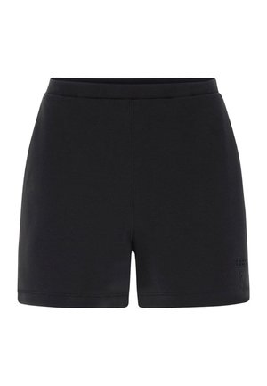 Shorts noirs ajustés avec une ceinture élastique et un discret logo "Guess" embossé près de l'ourlet inférieur sur la jambe gauche.