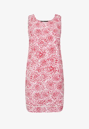 Mouwloze witte jurk met roze en rode bloemmotieven, ronde halslijn en rechte zoom.