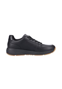 Black leather sneakers with a smooth texture, round toe, lace-up design, and a rubber gum sole for traction. Minimalistic style.