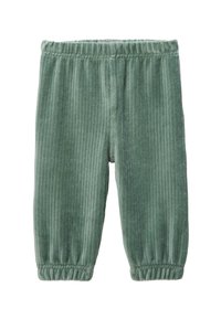 Pantalon en velours côtelé vert avec une texture côtelée, une ceinture élastique et des poignets froncés aux chevilles, conçu pour le confort et la chaleur.