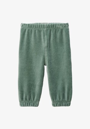 Pantalon en velours côtelé vert avec une texture côtelée, une ceinture élastique et des poignets froncés aux chevilles, conçu pour le confort et la chaleur.