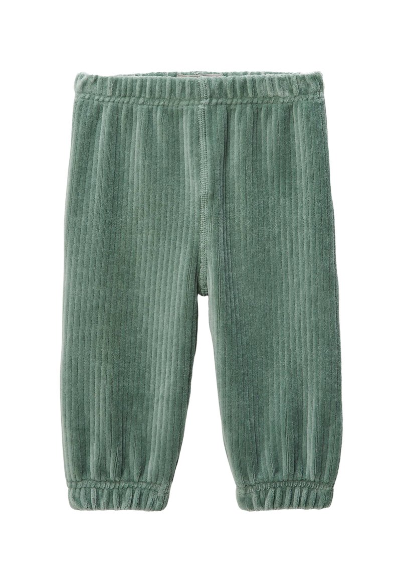 Pantalon en velours côtelé vert avec une texture côtelée, une ceinture élastique et des poignets froncés aux chevilles, conçu pour le confort et la chaleur.