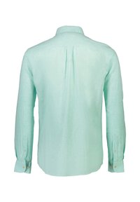 Miętowo zielona koszula z długim rękawem, wykonana z lnu. Posiada klasyczny kołnierzyk, centralny plis oraz mankiety zapinane na guziki. Prosty i lekki design.