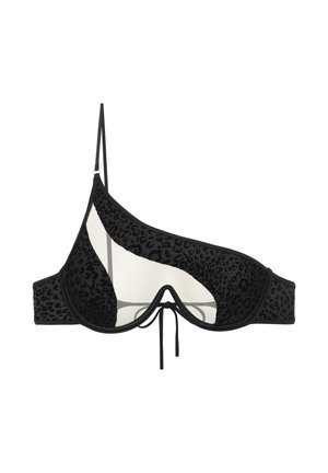 Reggiseno nero con inserti in rete trasparente e stampa leopardata, dotato di spalline regolabili e un nodo centrale. Il design è geometrico e audace.