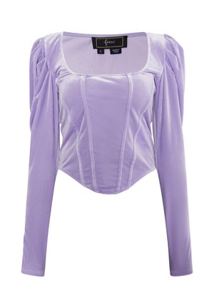 Top lung cu maneci lungi, de culoare lavandă, realizat din catifea moale. Are un decolteu pătrat, mâneci bufante și detalii cusute pentru un fit structurat.