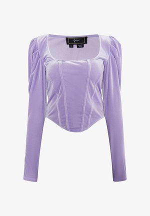 Lilla pikk-sleeve top, mis on valmistatud pehmest sametist. Omab ruudukujulist dekolteed, puhvärve ja õmbluste detailide jaoks, et saavutada struktureeritud sobivus.