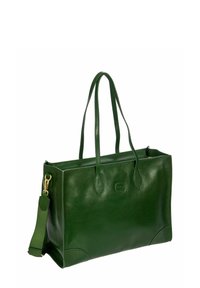 Sac fourre-tout en cuir vert foncé avec deux anses, une bandoulière amovible et des détails en métal doré.