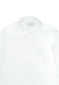 White button-up shirt made of smooth fabric. Features a classic collar, pearly buttons, and a subtle logo embroidered on the chest.