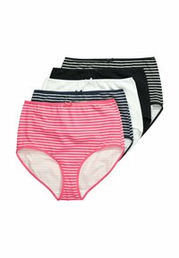 Quattro paia di mutandine a vita alta a righe: rosa con righe bianche, nere con righe bianche, blu navy con righe bianche e nere solide.