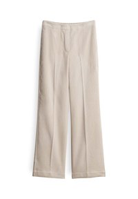 Beige wijde broek met pintuck plooien, voorzien van een gladde stoftextuur en een elastische tailleband voor comfort.