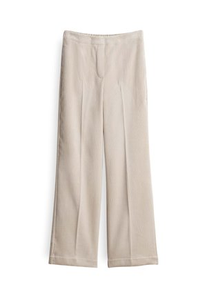 Pantaloni beige a gamba larga con pieghe a pinces, caratterizzati da una texture di tessuto liscia e una vita elastica per il comfort.
