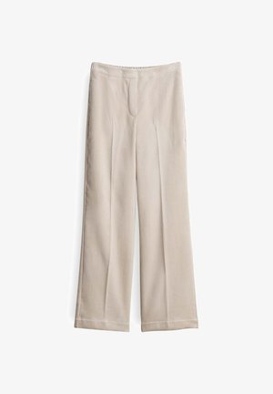 Pantaloni beige a gamba larga con pieghe a pinces, caratterizzati da una texture di tessuto liscia e una vita elastica per il comfort.
