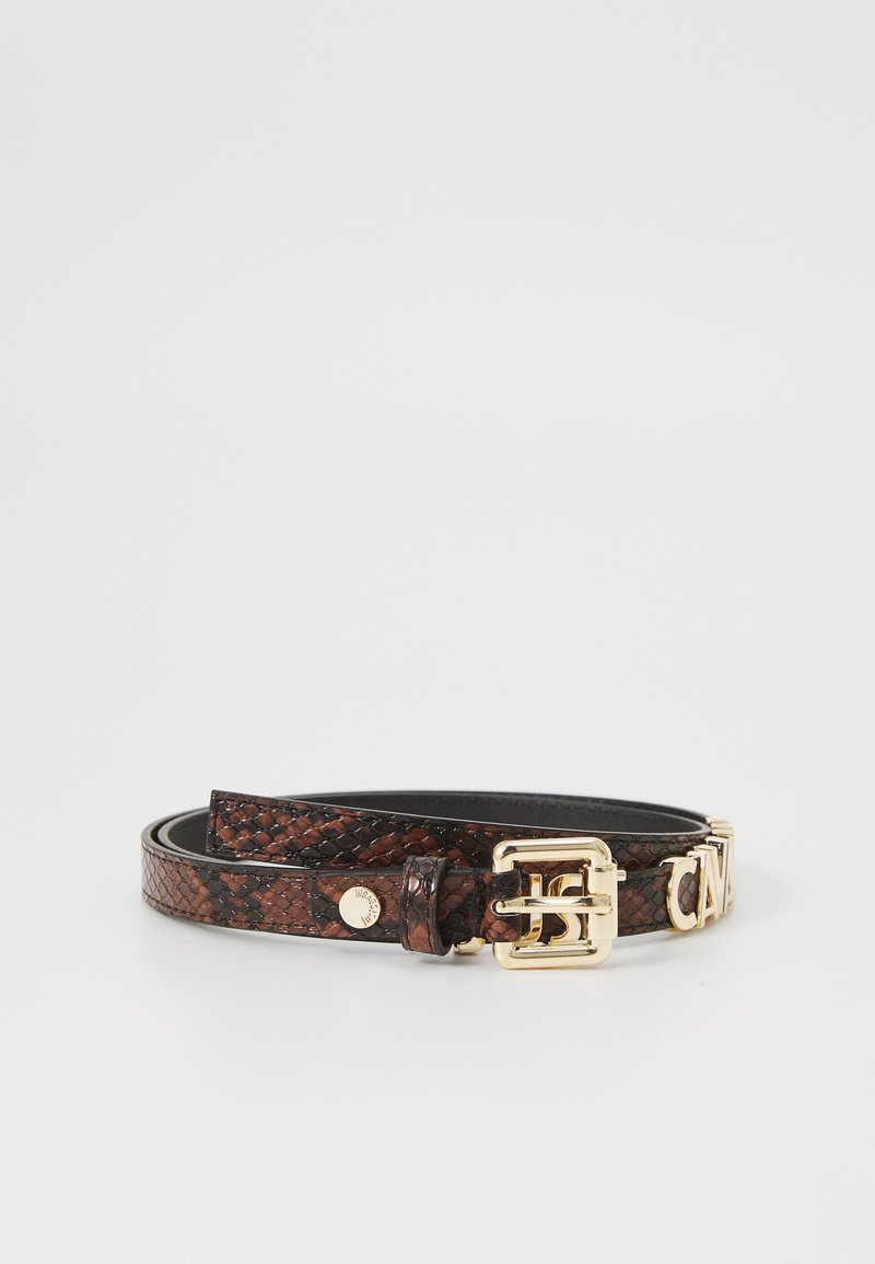 Brown woven leather belt with a gold metal buckle, featuring embossed logo accents and a smooth black inner lining.