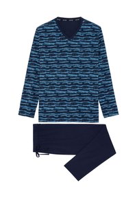 Set di pigiama blu navy composto da una maglietta a maniche lunghe con motivo di pesci in diverse tonalità di blu e pantaloni abbinati a tinta unita dotati di elastico in vita.