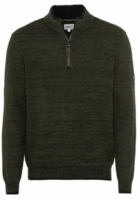Pull en tricot vert foncé avec texture côtelée, manches longues, col haut noir et fermeture à demi-zip.