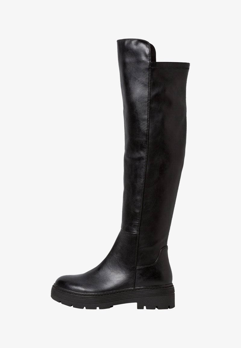 Knee-high black leather boots with a sleek, shiny finish, featuring a thick sole and minimal stitching along the side.