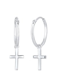 Orecchini a cerchio in argento con un piccolo charm a croce, dalla texture liscia, forma circolare e un design con chiusura sicura.