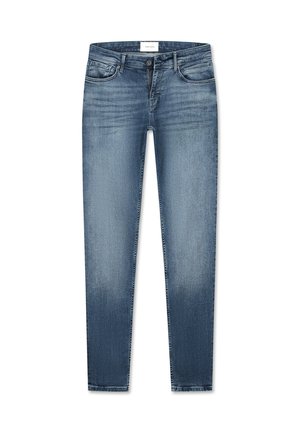 Getailleerde blauwe denim jeans met een normale taille, lichte vervaging bij de knieën, vijf zakken ontwerp en metalen knoopsluiting.
