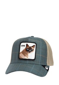 Gorra de cuadros azul y beige con malla en la parte posterior, que presenta un parche bordado de un gato y la palabra "cool". Correa ajustable en la parte trasera.