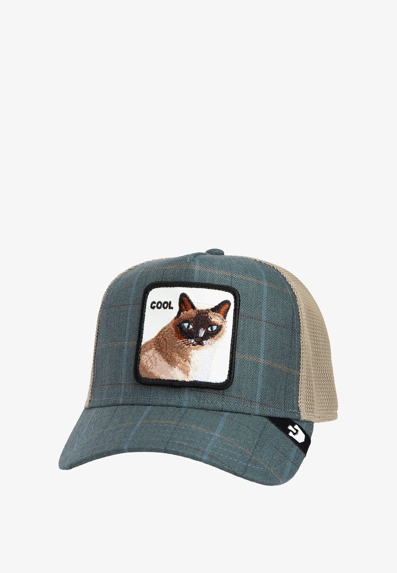 Gorra de cuadros azul y beige con malla en la parte posterior, que presenta un parche bordado de un gato y la palabra "cool". Correa ajustable en la parte trasera.