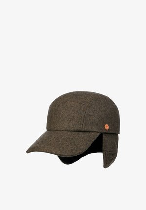 Brown wool winter cap with ear flaps and a curved brim, featuring a small round orange logo on the side.