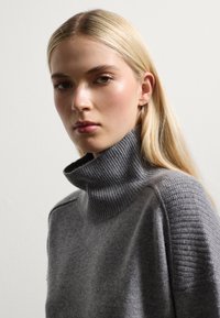 Grau melierter Rollkragenpullover aus weichem Strickstoff mit geripptem Kragen und Schulterdetails. Glatte Textur und lässige Passform.