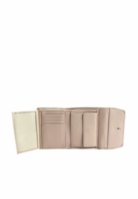 Portefeuille plié en cuir beige clair avec plusieurs emplacements pour cartes, une poche à pièces et une fenêtre transparente pour carte d'identité, équipé d'une fermeture à pression.