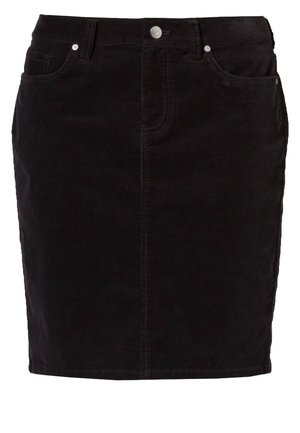 Mini-jupe noire en velours côtelé avec poches avant, passants de ceinture, fermeture par boutons et détails de coutures visibles.