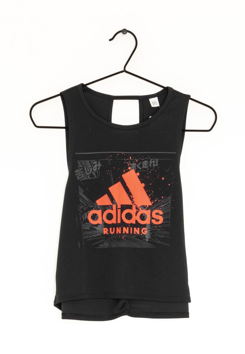 Débardeur noir sans manches avec un col rond, présentant un grand logo Adidas rouge et un design graphique. Le matériau semble lisse et extensible.