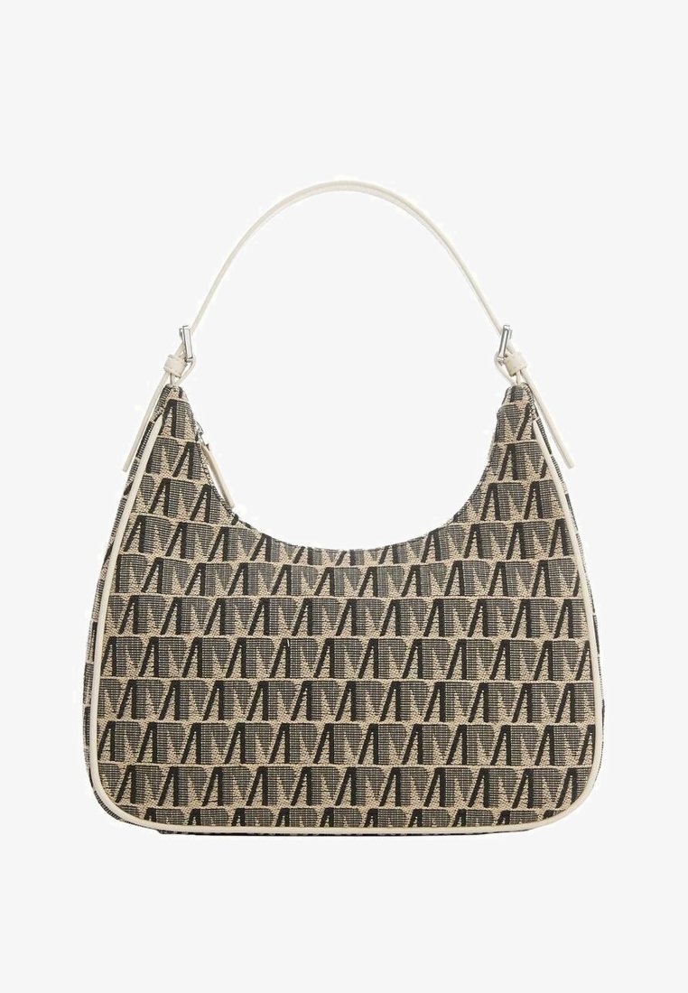 Sac à bandoulière en tissu beige avec motif géométrique noir répété et sangle blanche avec quincaillerie argentée.