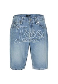 Világoskék farmer rövidnadrág, elhalványult "True Religion" logóval, öt zsebből álló kivitel, cipzáras slicc és varrásos díszítések a szélein.