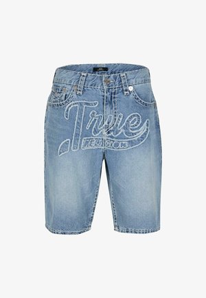 Light blue denim shorts featuring a faded "True Religion" logo, five pockets, a zip fly, and stitching accents around the edges.