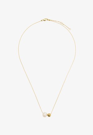 Złota naszyjnik z cienkim łańcuszkiem, ozdobiony białą okrągłą koraliką i gładką złotą kulką jako akcenty. Prosty i nowoczesny design.