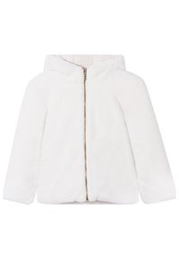 Biała kurtka z kapturem, wykonana z miękkiego, pluszowego materiału. Posiada zamek błyskawiczny z przodu oraz długie rękawy.