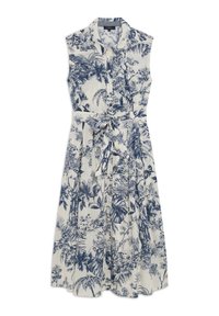 Robe sans manches en crème avec un imprimé tropical bleu, dotée d'un col, d'une fermeture à boutons sur le devant et d'une taille nouée pour plus de silhouette. Design de jupe évasée.