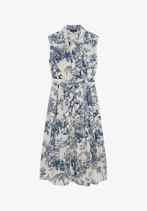 Vestido sin mangas en crema con un estampado tropical azul, que presenta un cuello, frente con botones y un lazo en la cintura para dar forma. Diseño de falda acampanada.