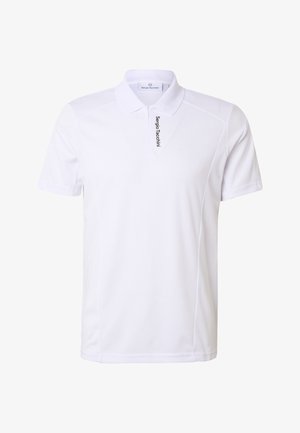 Polo a maniche corte bianca con colletto e cerniera, con marchio "Sergio Tacchini" sulla patta della cerniera.