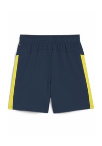 Pantalones cortos azul marino con cintura elástica, que cuentan con paneles laterales amarillos y una textura suave. Diseño simple, sin bolsillos ni adornos adicionales.