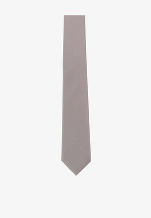 Gray tie featuring a subtle striped pattern. Smooth texture with a narrow design, tapering to a pointed end.